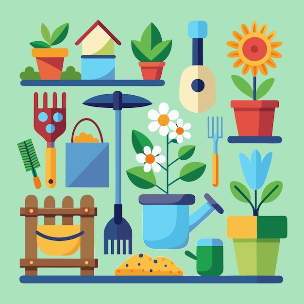 Vector gardening tools plants and flowers a colorful guide for beginners