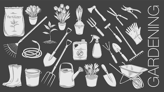 Gardening tools and plants or flowers glyph icons.