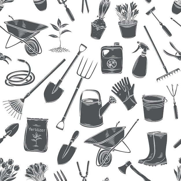 Gardening tools and plants flowers seamless pattern   monochrome glyph