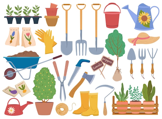 Gardening tools spring garden equipment and plants sapling horticulture elements vector set