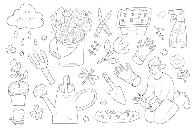 Gardening tools and supplies, doodle collection