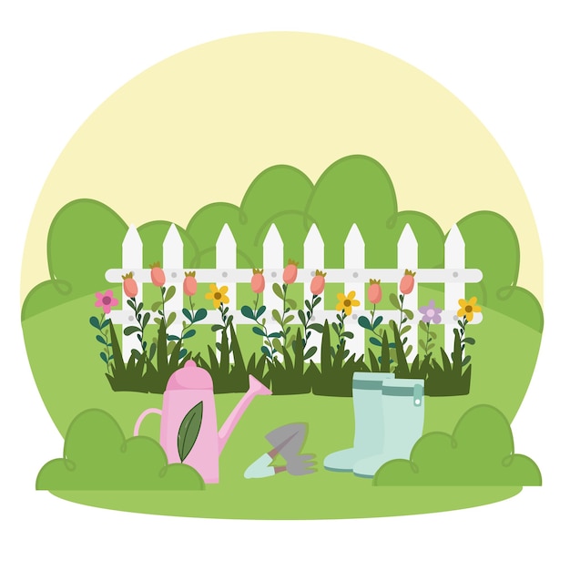 Gardening, watering can boots shovel rake fence and flowers in grass  illustration