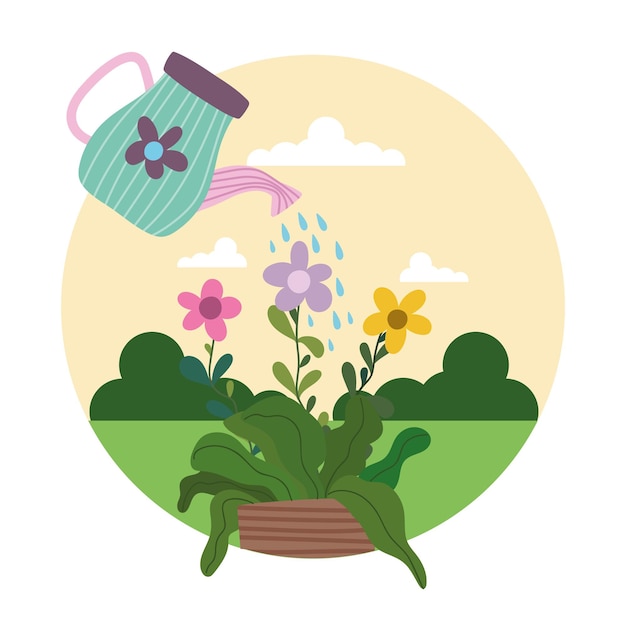 Gardening watering can sprays water to flowers in pot  illustration