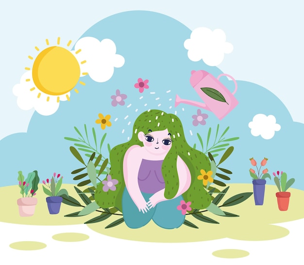 Gardening, watering can sprays water to green hair girl, plants flowers and foliage  illustration