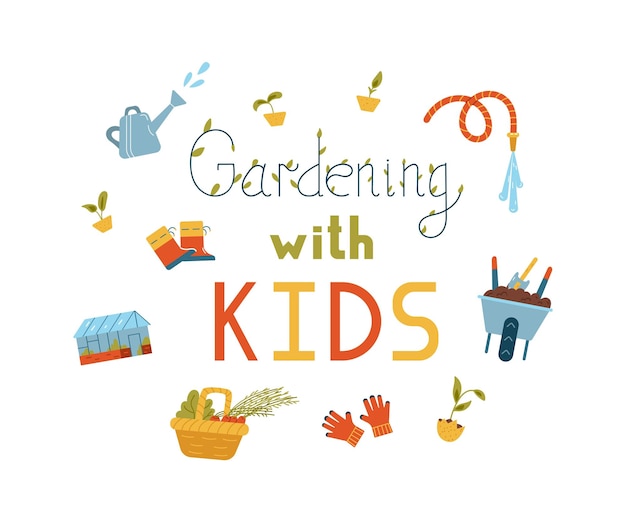 Gardening with kids. Gardening equipment and tools, basket with vegetables, seedlings