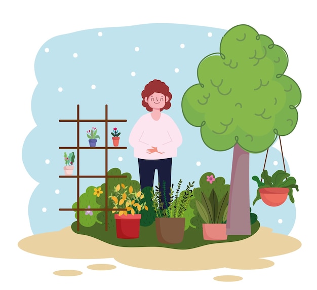 Gardening, woman with potted plants and shelf with plants and tree garden  illustration