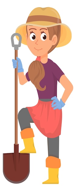 Gardening woman with shovel Female farmer character