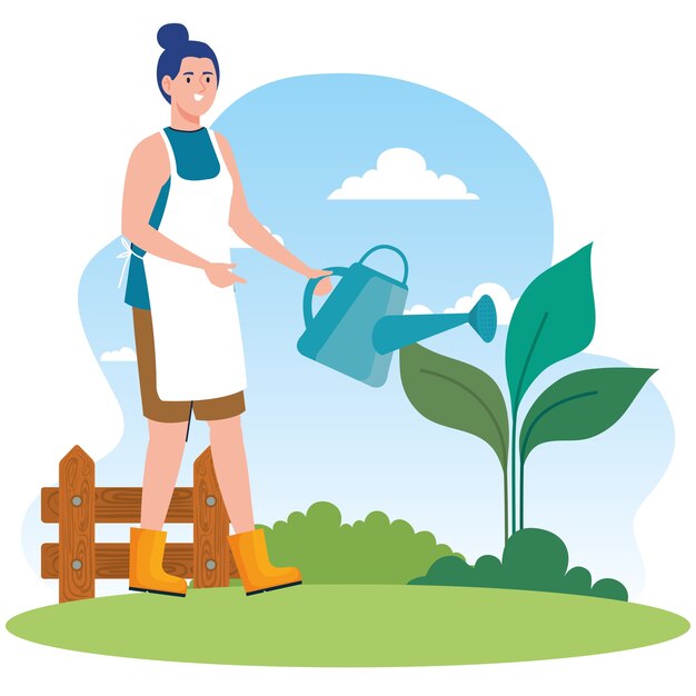 Gardening woman with watering can and plant design, garden planting and nature theme