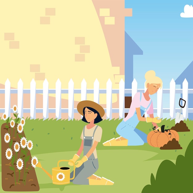 Gardening, women with sunflowers and harvest pumpkin  illustration