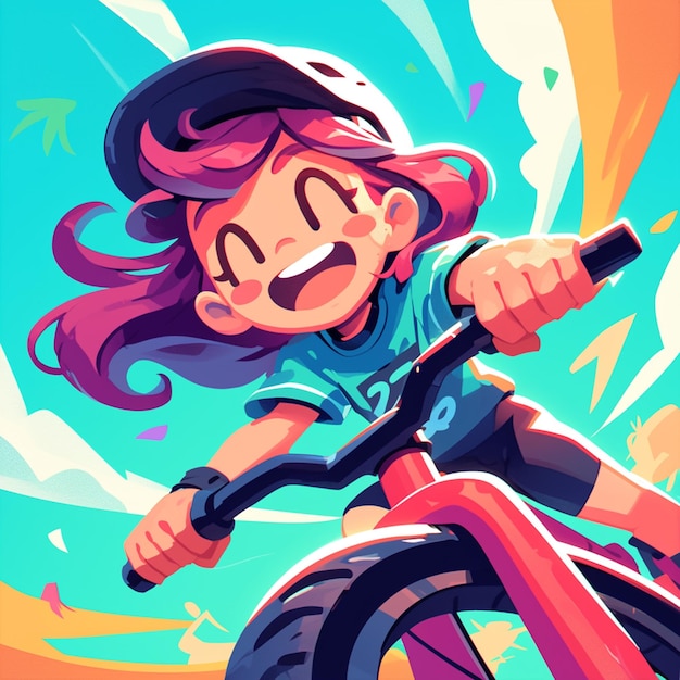 A Garland girl rides a BMX in cartoon style