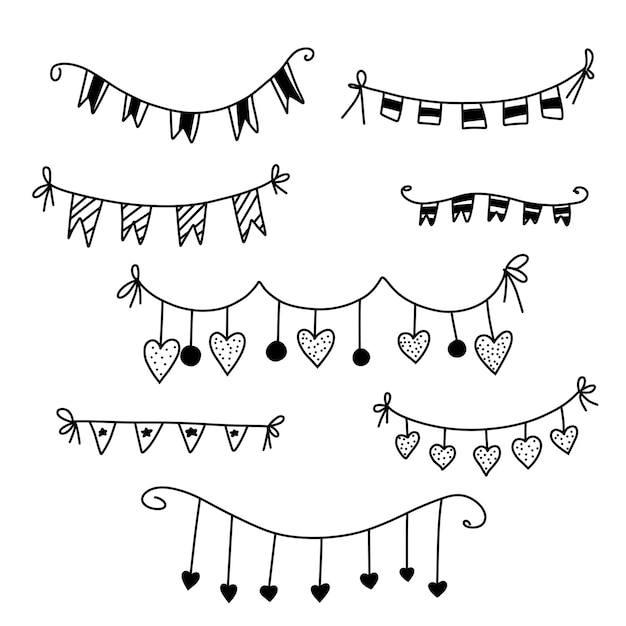 Garland of heart flags Doodle hand drawn love bunting flag Stock black and white line art set