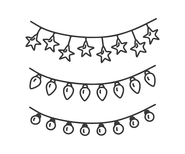 Garland with light bulbs doodle decoration Hand drawn sketch for Christmas new year Decorative light