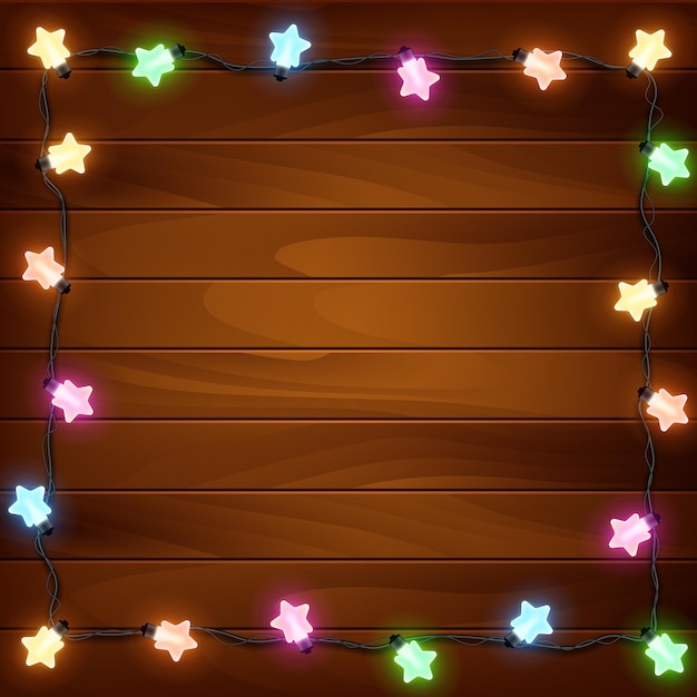 Garland on a wooden background Christmas lights Vector illustration