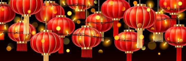 Vector garlands on chinese lanterns or china paper lamps with glowing