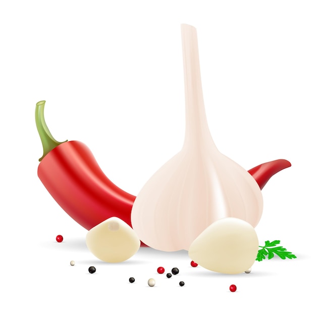 Garlic And Cloves Of Garlic With Parsley Chili Pepper And Spice Isolated On A White Background