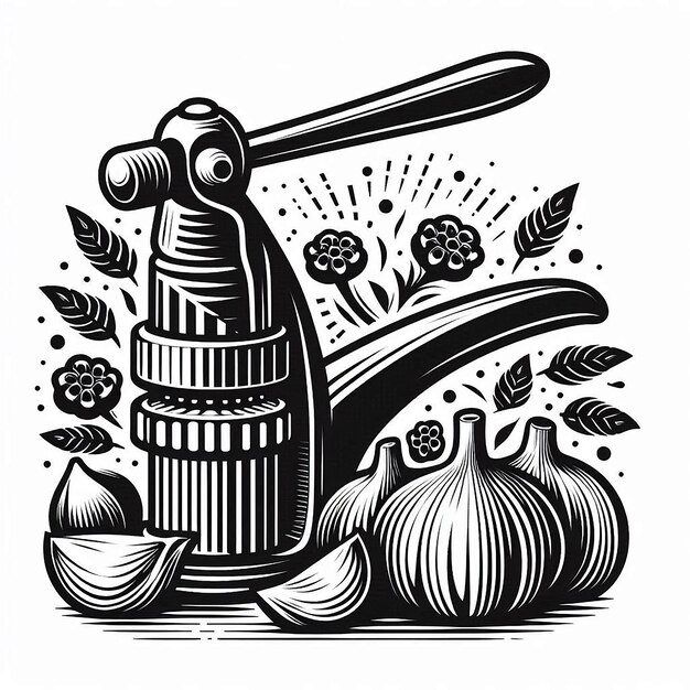 Vector garlic press silhouette line art vector illustration on white background