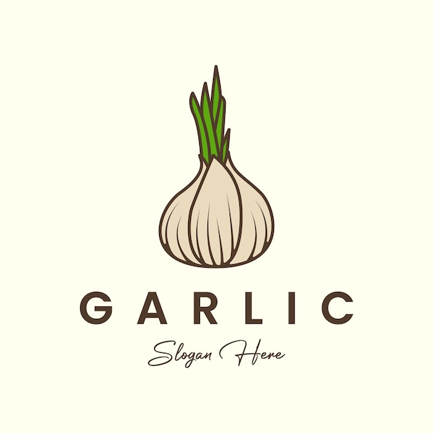 Garlic with linear cartoon vintage style logo vector illustration icon template design