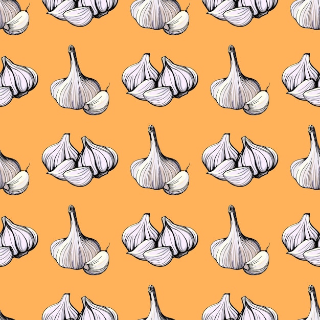 Garlic on a yellow background seamless pattern