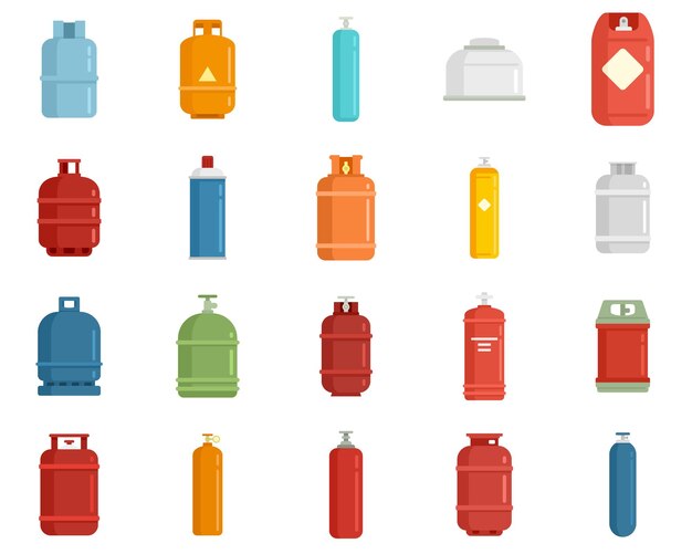 Gas cylinders icons set. Flat set of gas cylinders vector icons isolated on white background