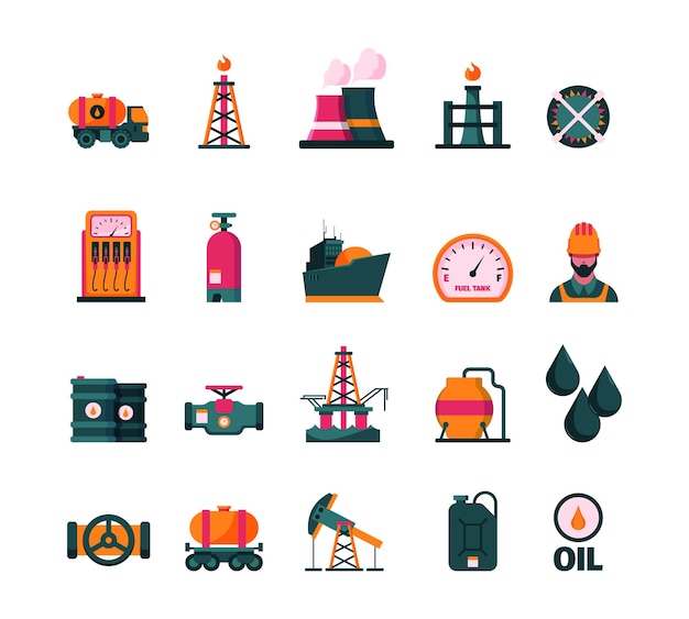 Gas oil industry Mining energy from gas barrel and tank electric production line diesel transport fueling garish vector concept icons in flat style