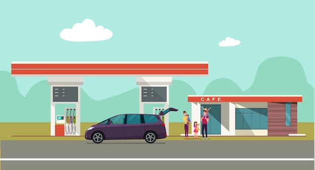 Gas station on the background of the countryside landscape. Vector illustration.