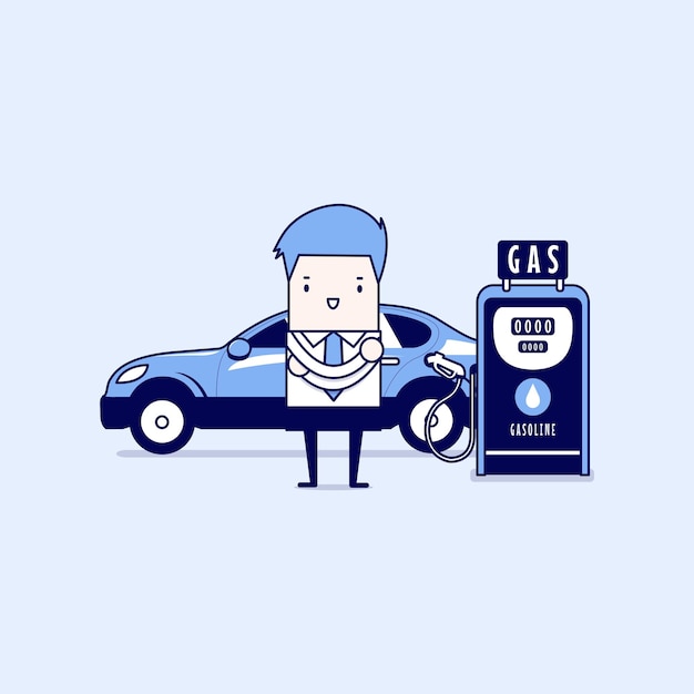 Gas station and businessman Cartoon character thin line style vector