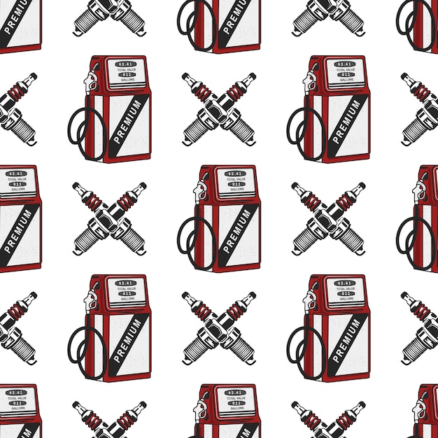 Gas station pump with sparkingplug seamless . Vintage hand drawn oil station pattern.