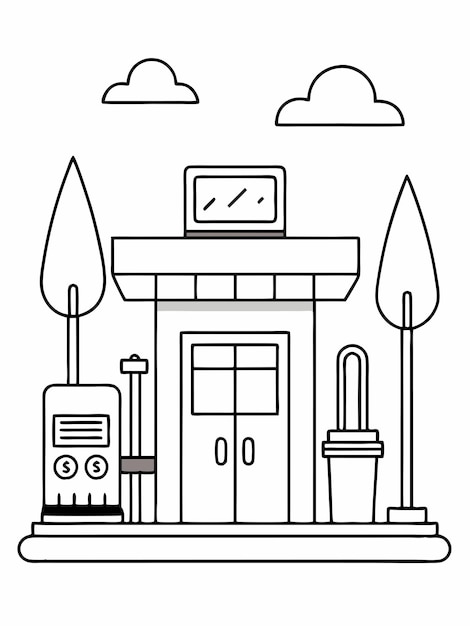 Vector gas station scene coloring book pages for children and adults with vector design