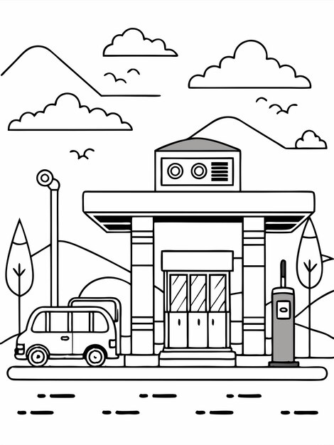 Vector gas station scene coloring book pages for children and adults with vector design