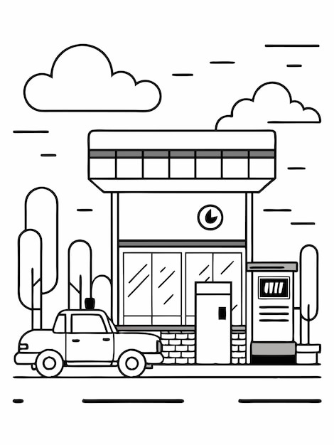 Vector gas station scene coloring book pages for children and adults with vector design