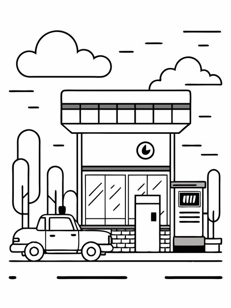 Vector gas station scene coloring book pages for children and adults with vector design