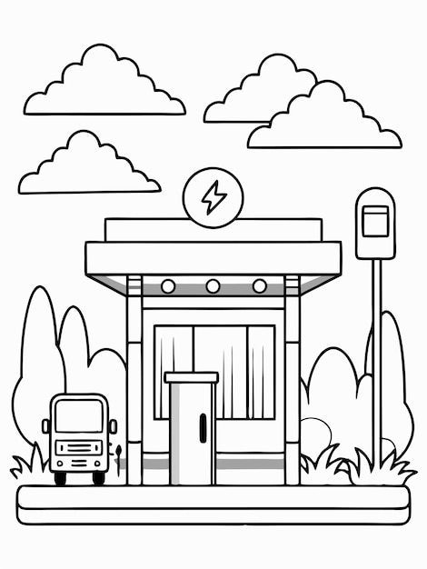 Vector gas station scene coloring book pages for children and adults with vector design