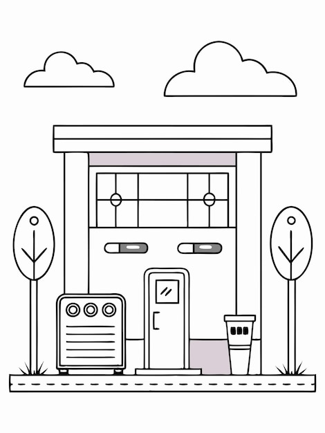 Vector gas station scene coloring book pages for children and adults with vector design