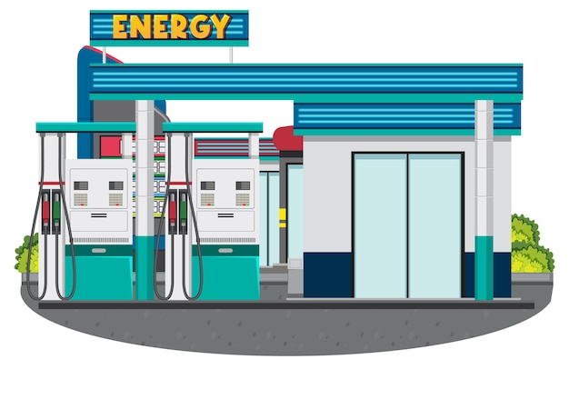 Gas station scene on white background