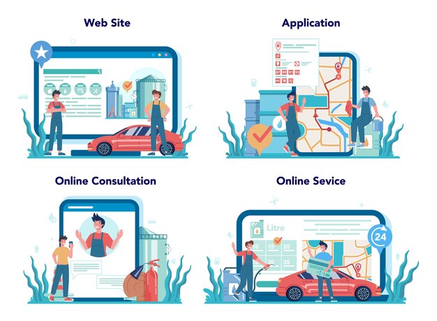 Gas station worker or refueler online service or platform set.