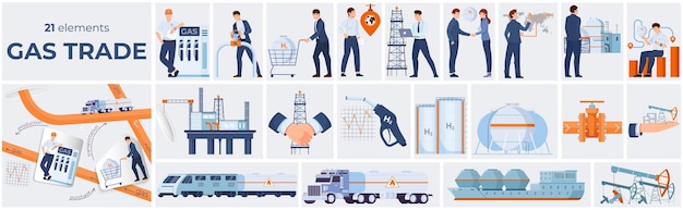 Gas trade flat composition of twenty one elements symbolizing production purchase and transportation vector illustration