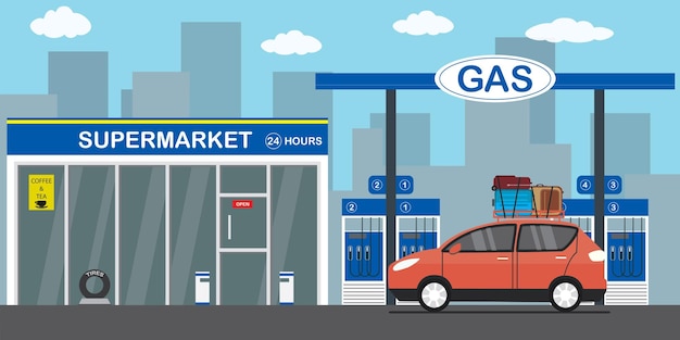 Gasoline fuel station car with luggage on roof supermarket 24 hours city on background flat vector