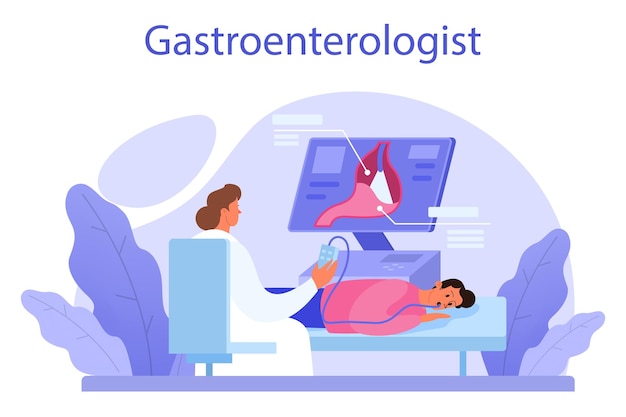 Gastroenterology doctor concept Idea of health care and stomach treatment Doctor examine internal organ Endoscopic and ultrasound examination Vector illustration