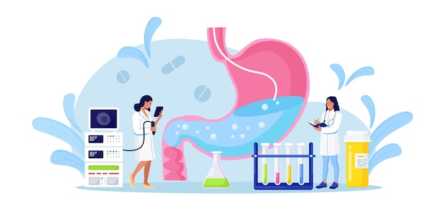 Gastroenterology. Tiny doctors diagnosis of the stomach disease using endoscopy. Human stomach with endoscope inside. Tract system examination