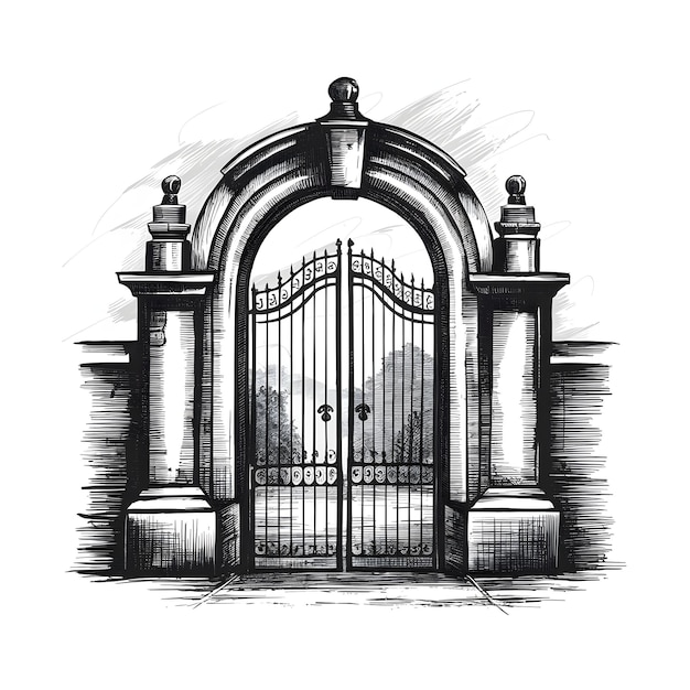 Gate vector pencil ink sketch drawing black and white monochrome engraving style