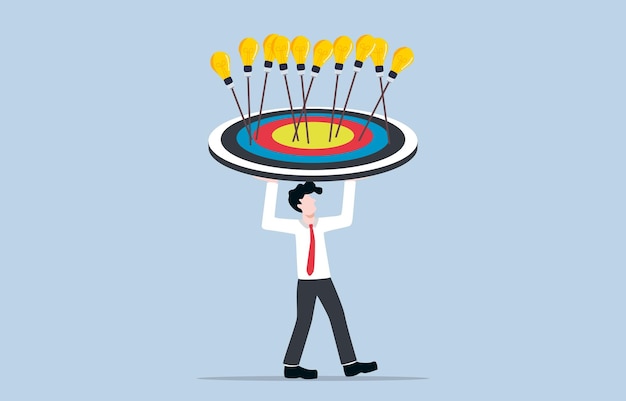 Gathering ideas to achieve business goal Man holding target overhead to receive light bulb arrows