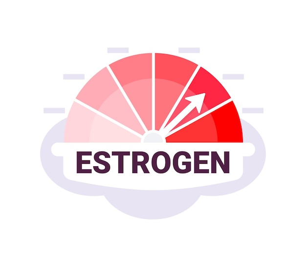 Gauge graphic indicating estrogen level with arrow at peak in red zone on a cloudy backdrop