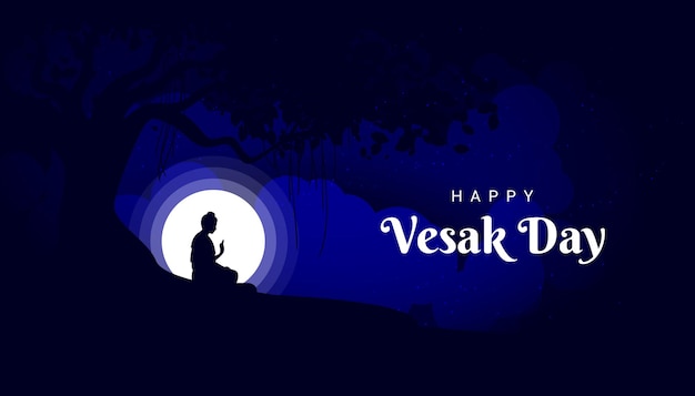 Gautam Buddha Meditating Under The Banyan Tree on Vesak Day in The Night