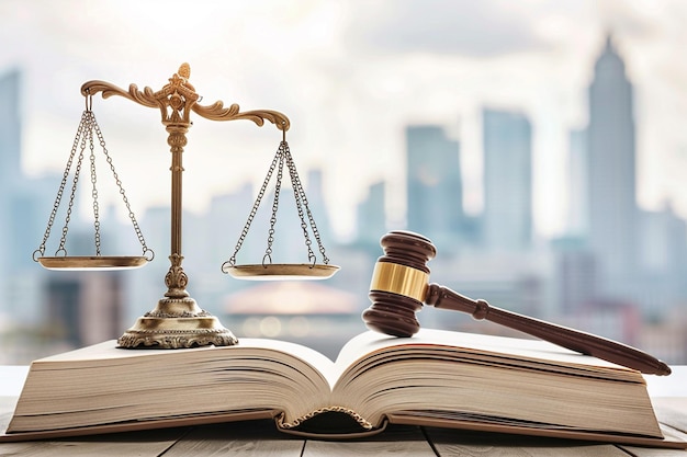 Gavel hammer justice scale and law textbook on table in lawyer office for providing legal consult