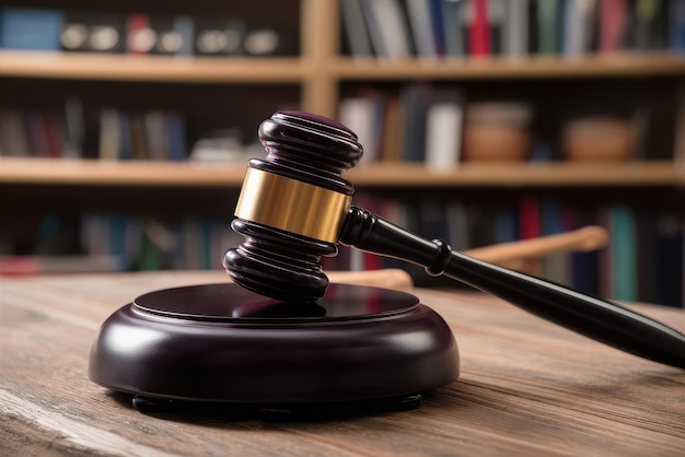 Vector a gavel is on a wooden table with a book behind it