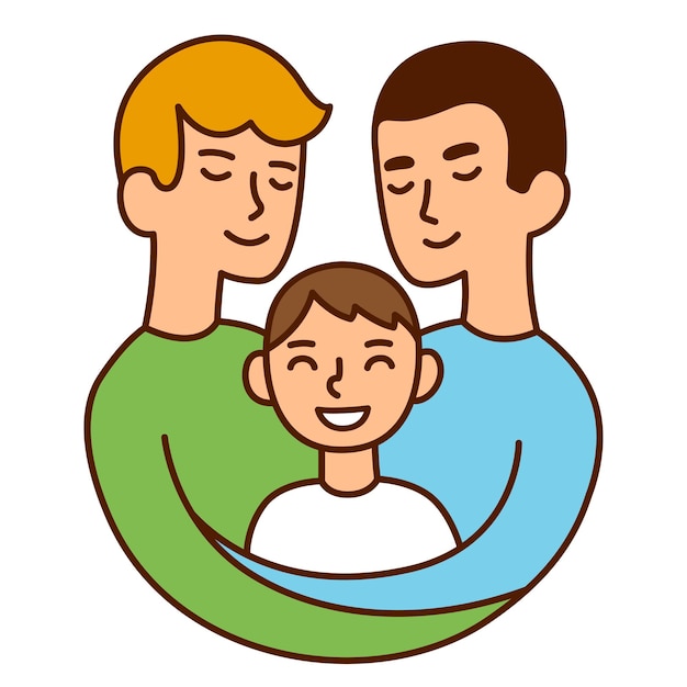 Gay couple two fathers hugging child