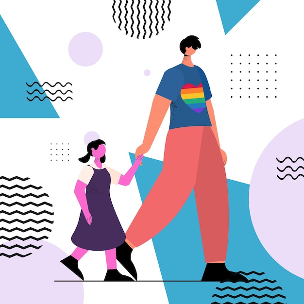 Gay father walking with little daughter fatherhood transgender love LGBT community concept