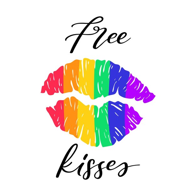 Vector gay lettering quote concept poster kiss mark rainbow colored phase free kisses vector lgbt poster