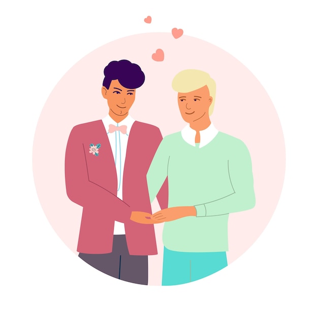 Gay newlyweds holding hands. Happy gay couple. vector illustration 