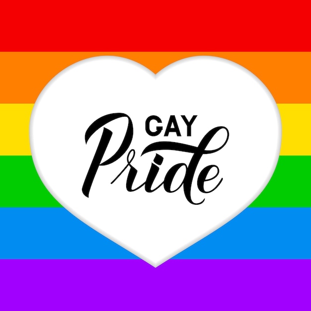 Gay Pride lettering in heart cut off rainbow background Pride Day Month parade concept LGBT community flag Easy to edit vector template for banner poster tshirot flyer sticker badge